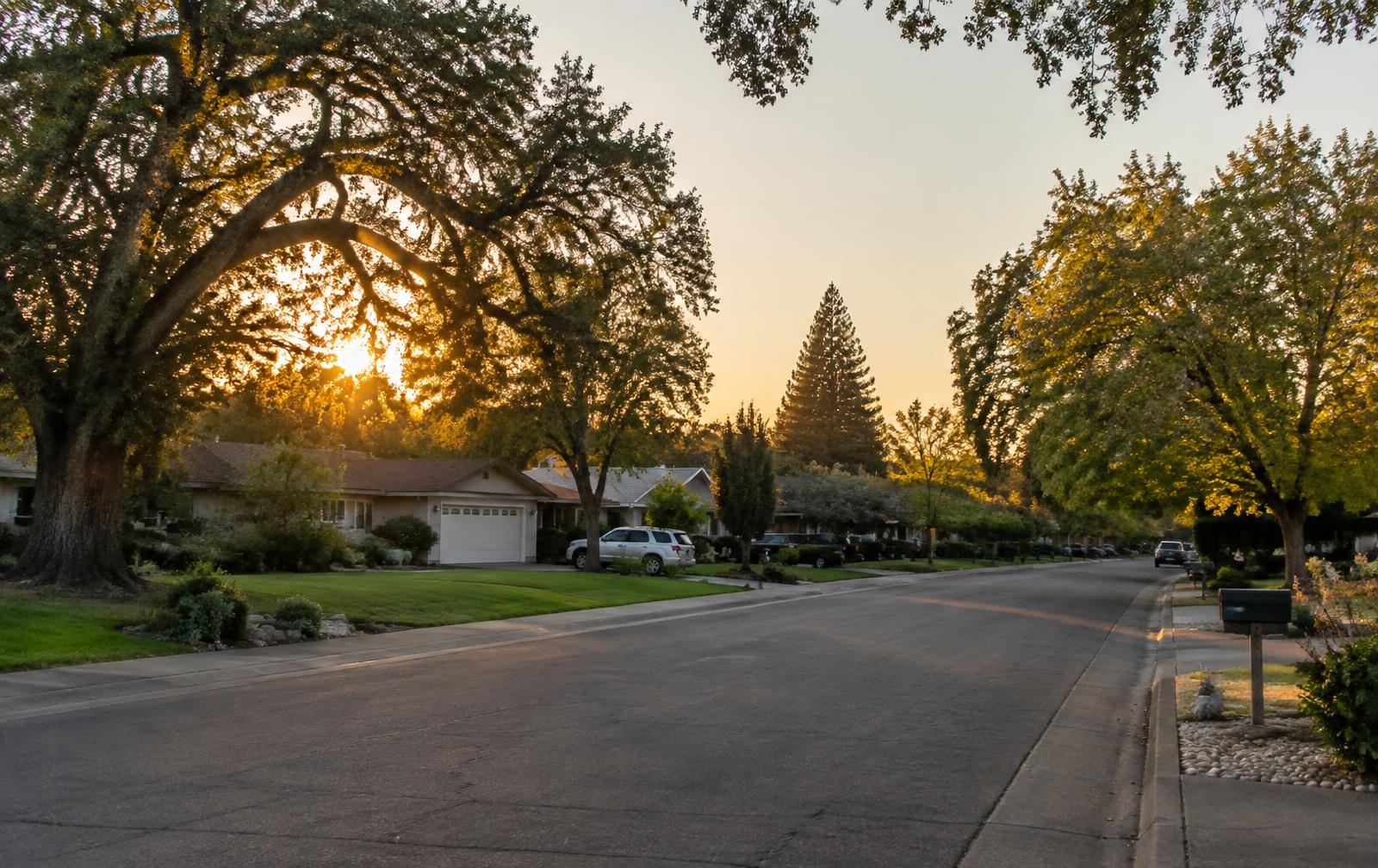 Tree-lined residential street with single-story homes in Fair Oaks, California