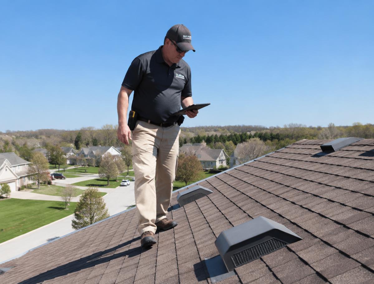 Home inspector reviewing roof vents and shingles on a residential roof